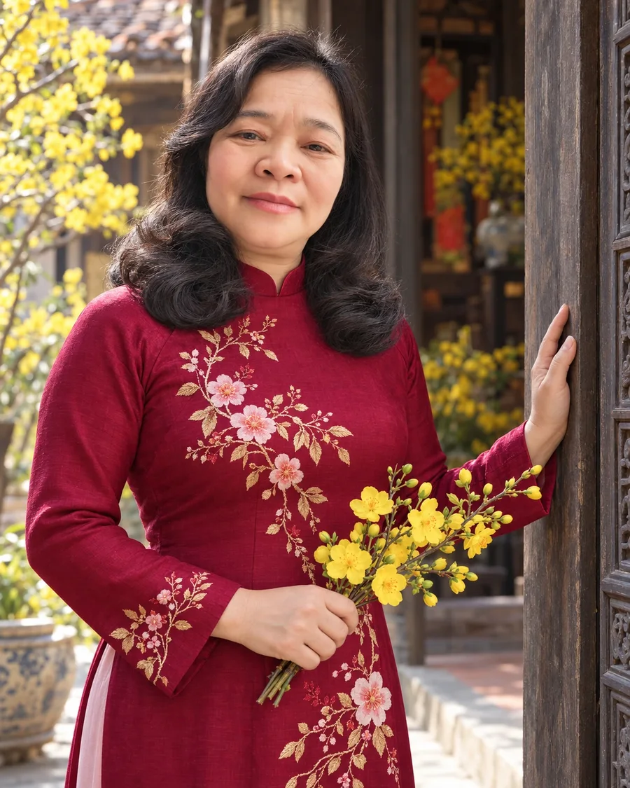 Chân dung áo dài đỏ rượu