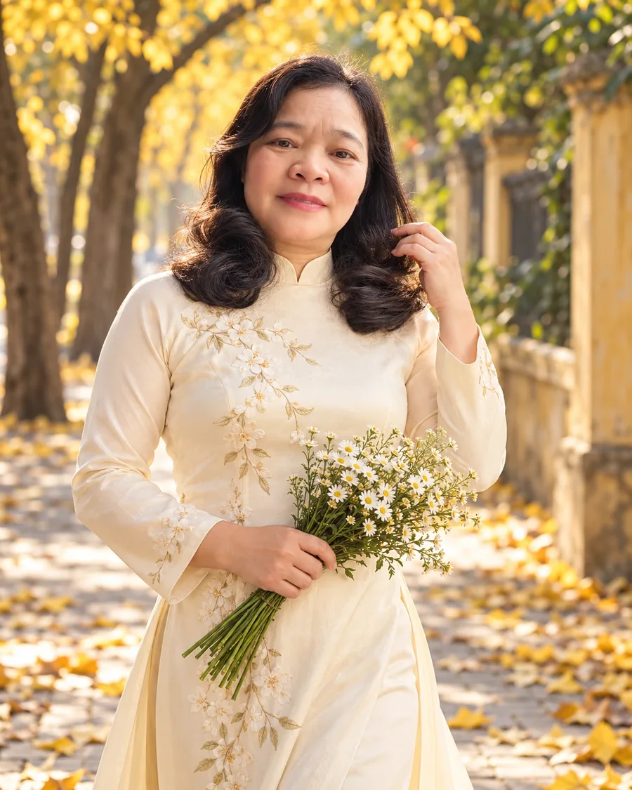 Chân dung áo dài kem phố thu